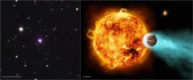 CoRot 2a i 2b. Gwiazda i planeta wielkości trzech Jowiszy. 880 lat  od nas. Gwiazda emituje setki tys. razy więcej promieniowania X niż nasze Słońce. W efekcie planeta traci 5 mln ton materii co sekundę.  Z lewej zdjęcie z VLT. Z prawej wizualizacja.