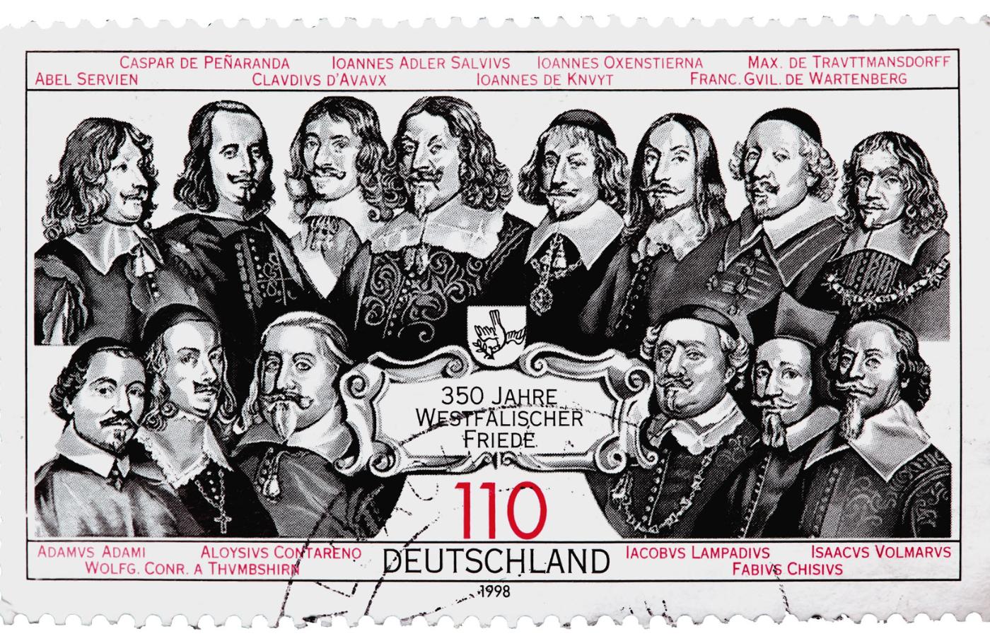 Niemiecki znaczek pocztowy wydany z okazji 350. rocznicy pokoju westfalskiego, 1998 r.