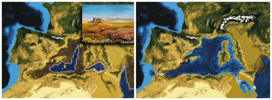 Z lewej: Odcięte od oceanu Morze Śródziemne wyschło na ponad 0,5 mln lat. Na dnie wielkiej depresji funkcjonowały nieduże zbiorniki silnie zasolonej wody (E, D), do których uchodziły rzeki (B, C). Epizod ten nosi nazwę messyńskiego kryzysu ­solnego. Z prawej: Morze odrodziło się dzięki powstaniu Cieśniny Gibraltarskiej (A), a potem pokonaniu przez podnoszącą się wodę Cieśniny Sycylijskiej (F). Na wschód od niej utworzył się gigantyczny wodospad.