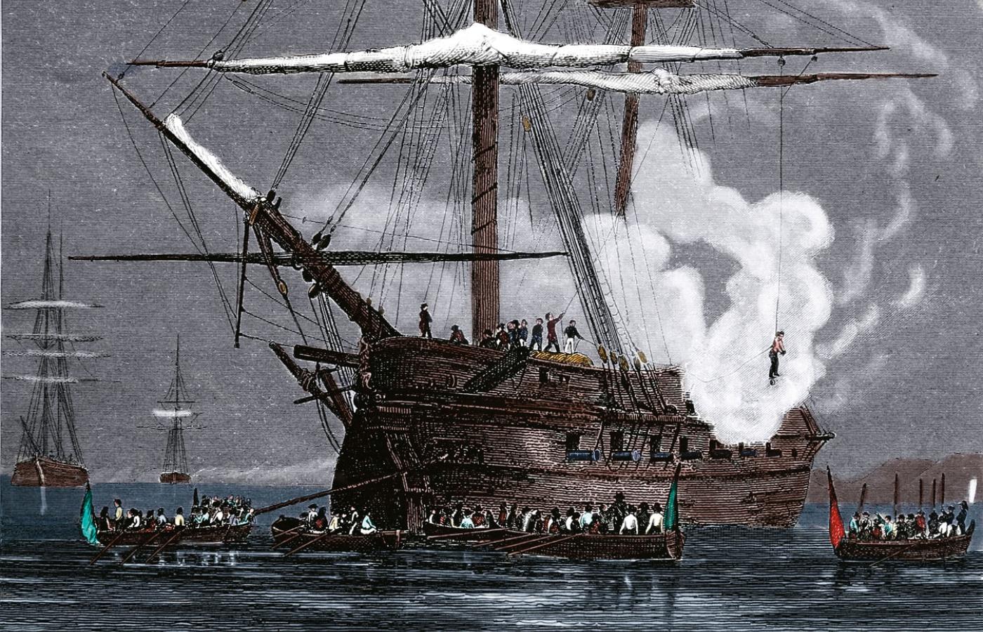 XIX-wieczna rycina przedstawiająca kaźń zbuntowanego członka załogi okrętu wojennego.
