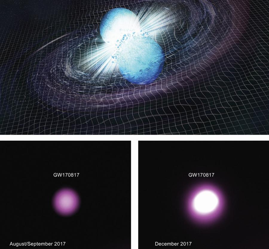 Wizualizacja pierwszej zarejestrowanej kolizji dwóch gwiazd neutronowych. Poniżej prawdziwy obraz zderzenia uzyskany w zakresie promieniowania rentgenowskiego. Z lewej wynik zderzenia po kilku dniach, z prawej – po kilku miesiącach (obserwatorium Chandra).