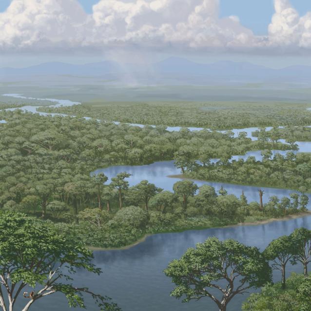 Krajobraz lądów po zniknięciu dinozaurów: gęste lasy i meandrujące rzeki.