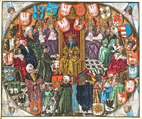 Aleksander Jagiellończyk podpisuje konstytucję uchwaloną na sejmie w Radomiu w 1505 r., ilustracja pochodzi ze Statutów Łaskiego wydanych w Krakowie w 1506 r.