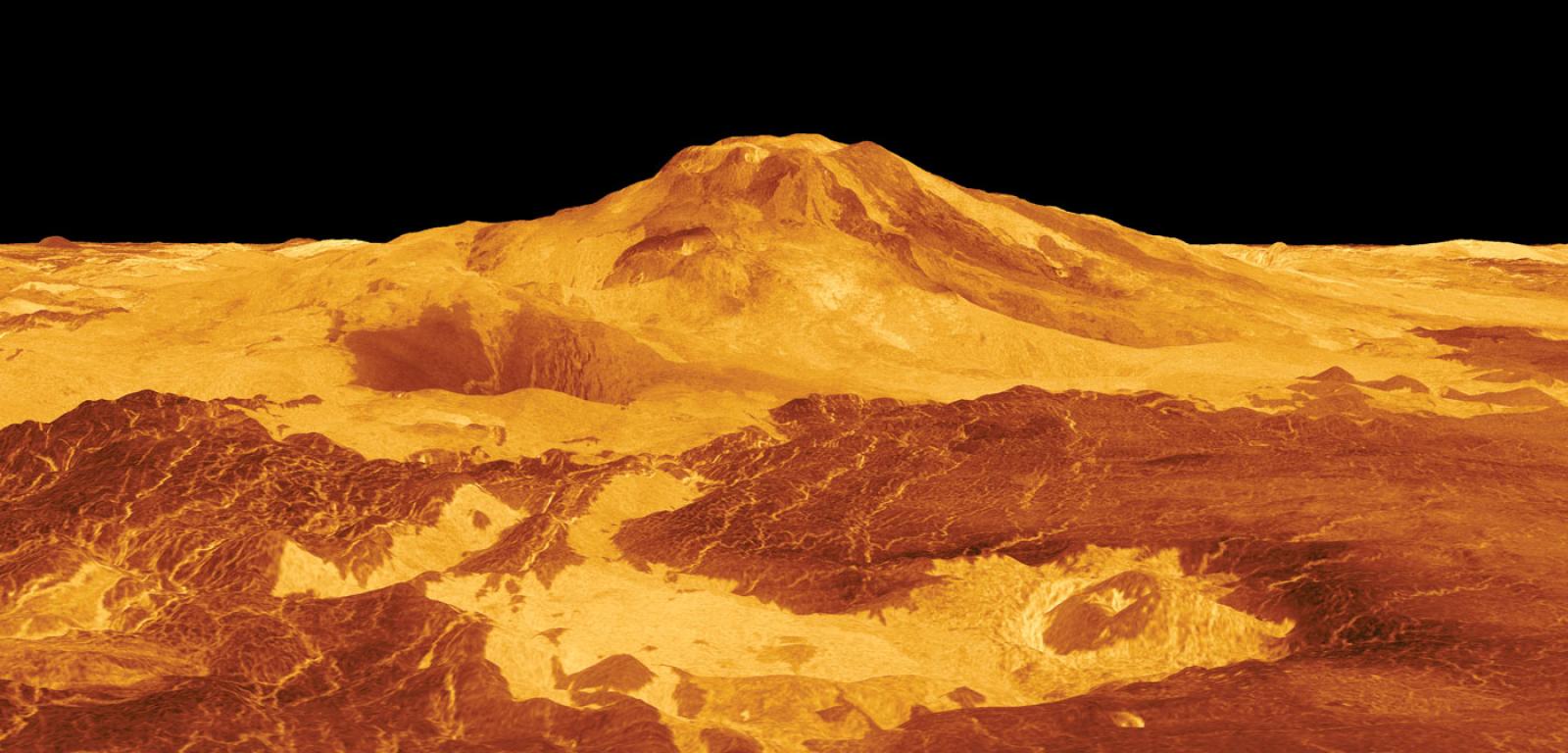 Widok wenusjańskiego wulkanu Maat Mons wygenerowany na podstawie danych zebranych przez sondę kosmiczną Magellan.