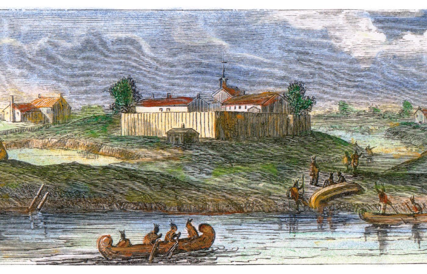 Początki Chicago, czyli fort Dearborn, drzeworyt, XIX w.