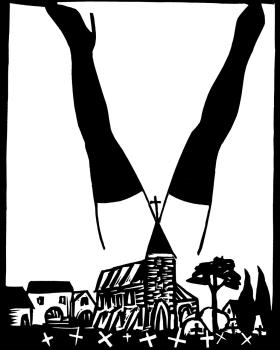 Rysunek słynnego Rolanda Topora, „Kościół w Polsce” (z cyklu „Polski pejzaż”, 1984 r.).