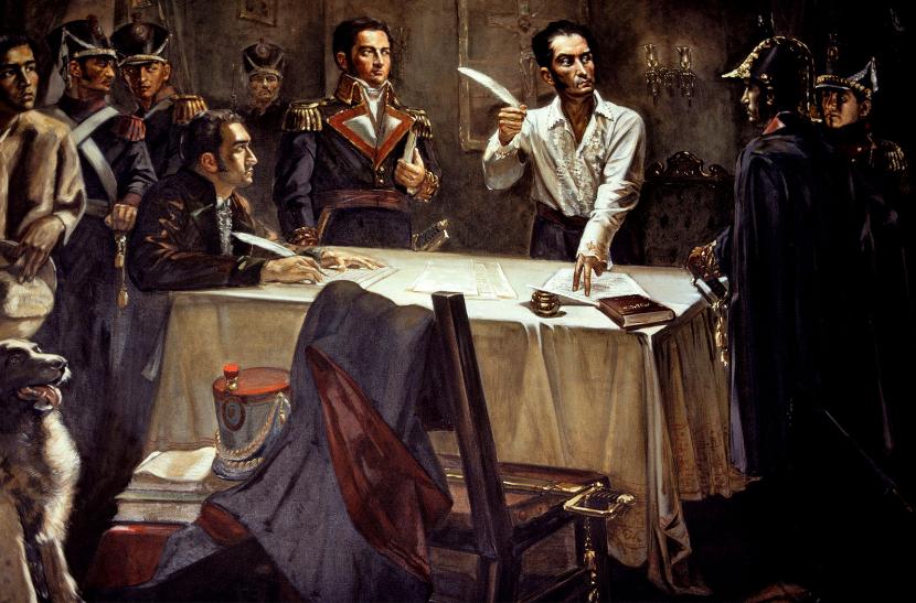 Simón Bolívar (w koszuli) podpisuje deklarację o wojnie w 1813 r.; obraz z XX w.