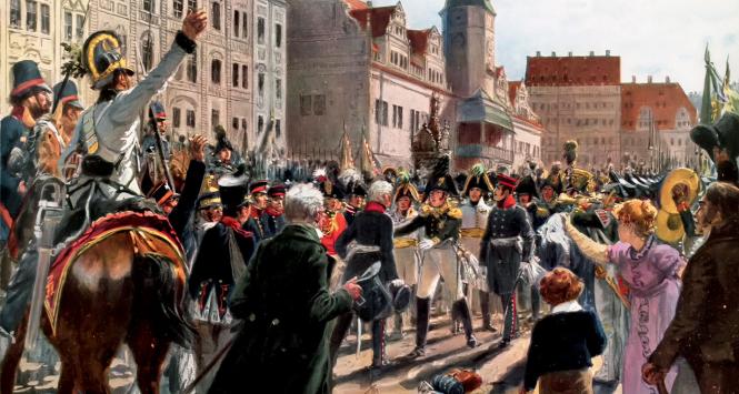 Spotkanie cara Aleksandra I z królem Fryderykiem Wilhelmem III po zwycięstwie nad Napoleonem pod Lipskiem w 1813 r.; kolorowa grafika z XIX w.