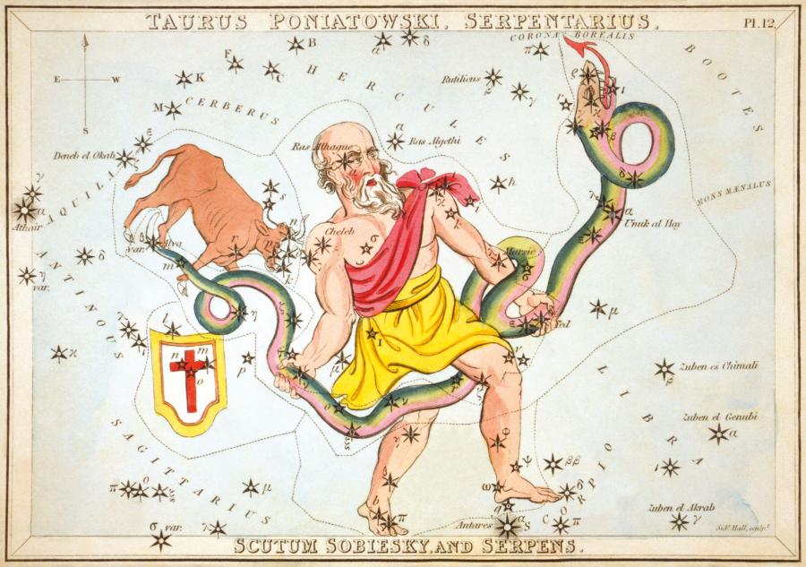 Gwiazdozbiór Wężownik z ­atlasu nieba z 1825 r.