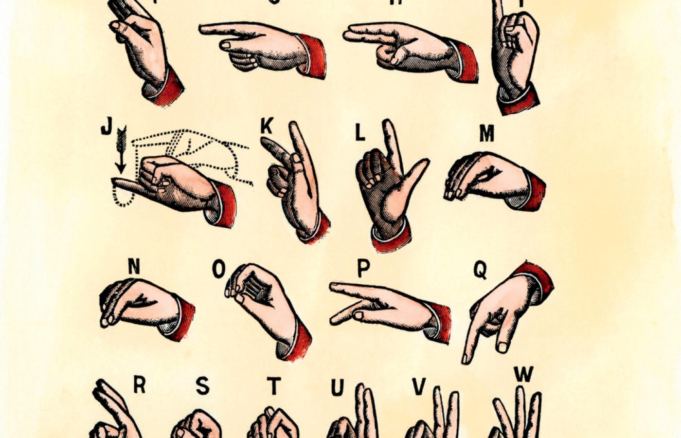 Kolorowany drzeworyt z alfabetem migowym używanym w USA, początek XIX w.
