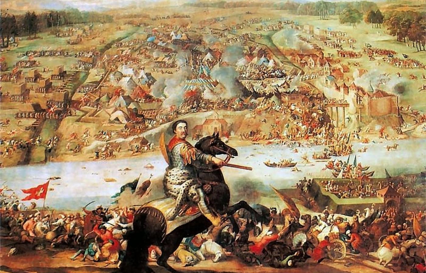 Hetman Jan Sobieski i bitwa pod Chocimiem na obrazie z XVII wieku.