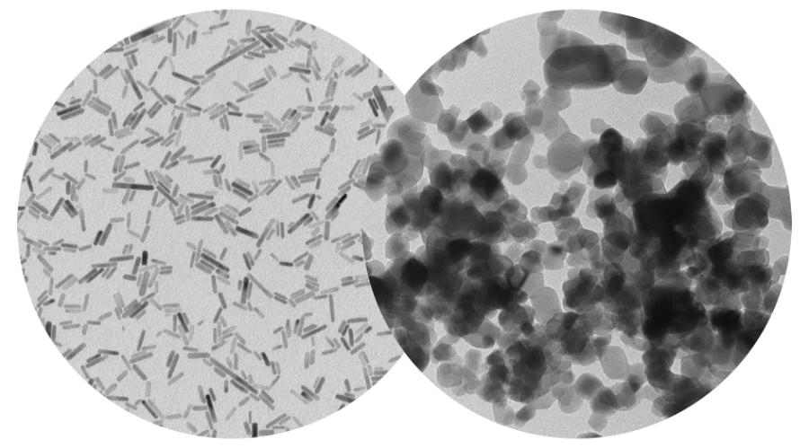Nanocząstki ZnO wykonane metodą bottom-up (po lewej) i top-down (po prawej). Te ostatnie dodawane są do kremów przeciwsłonecznych.
