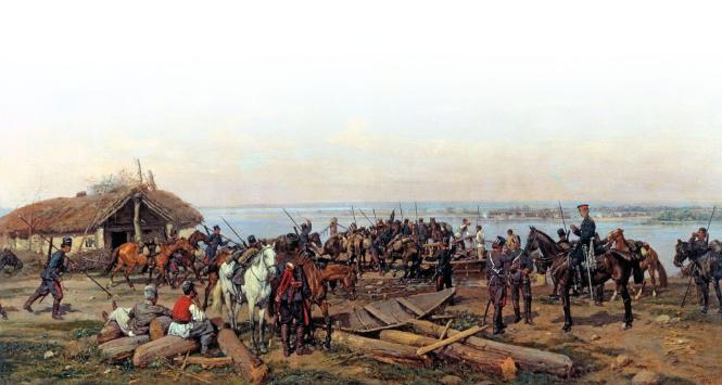 Przeprawa wojsk rosyjskich przez Dunaj w 1877 r.; obraz Pawła Osipowicza Kowalewskiego z 1880 r.