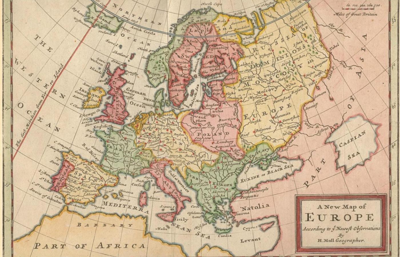 Mapa Europy sporządzona przez geografa Hermana Molla. 1721 r.