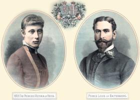 Pocztówka wydana na okoliczność ślubu Ludwika Battenberga z Wiktorią, córką księcia Hesji-Darmstadtu (kuzyna Ludwika), wnuczką królowej angielskiej Wiktorii. 1884 r.