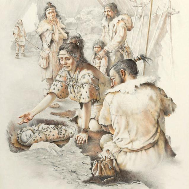 Rekonstrukcja przedstawiająca złożenie dziecka w nosidełku do grobu w Arma Veirana w Ligurii.