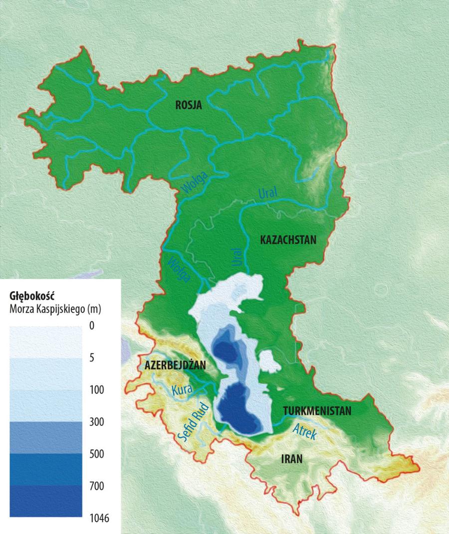 Mapa zlewiska Morza Kaspijskiego. Jego głównym dopływem jest Wołga, której dorzecze sięga aż po północną część europejskiej Rosji.