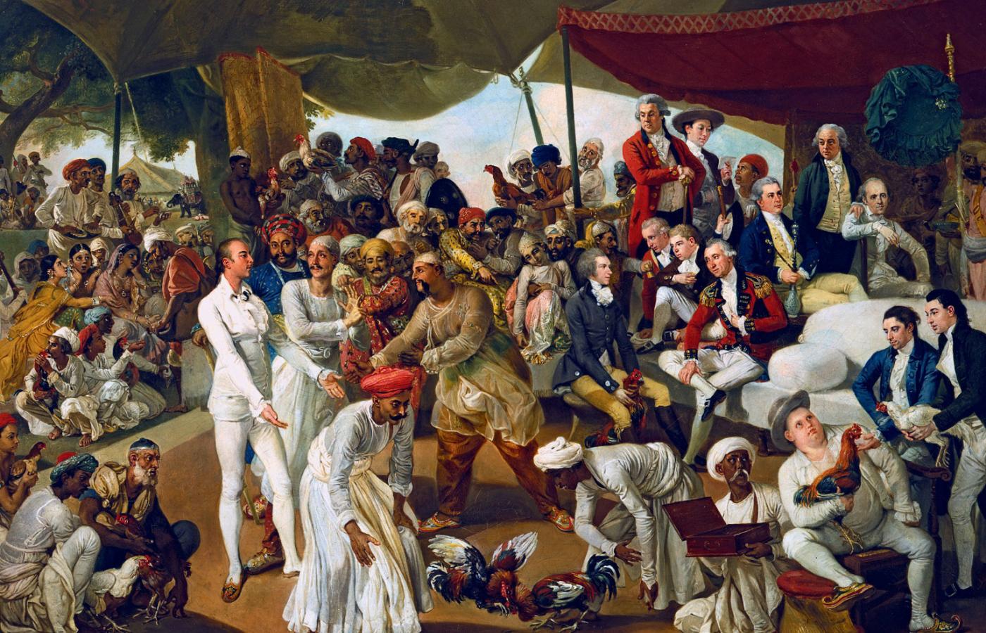 „Pułkownik Mordaunt oglądający walkę kogutów” – w otoczeniu urzedników Kompanii Wschodnioindyjskiej, obraz olejny z 1785 r. W XIX w. Indiami – jako kolonią Korony – zarządzało tylko ok. 900 urzędników brytyjskich.
