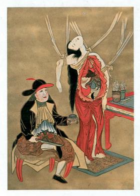 Holenderski lekarz bada anatomię Japonki, grafika XVIII w.