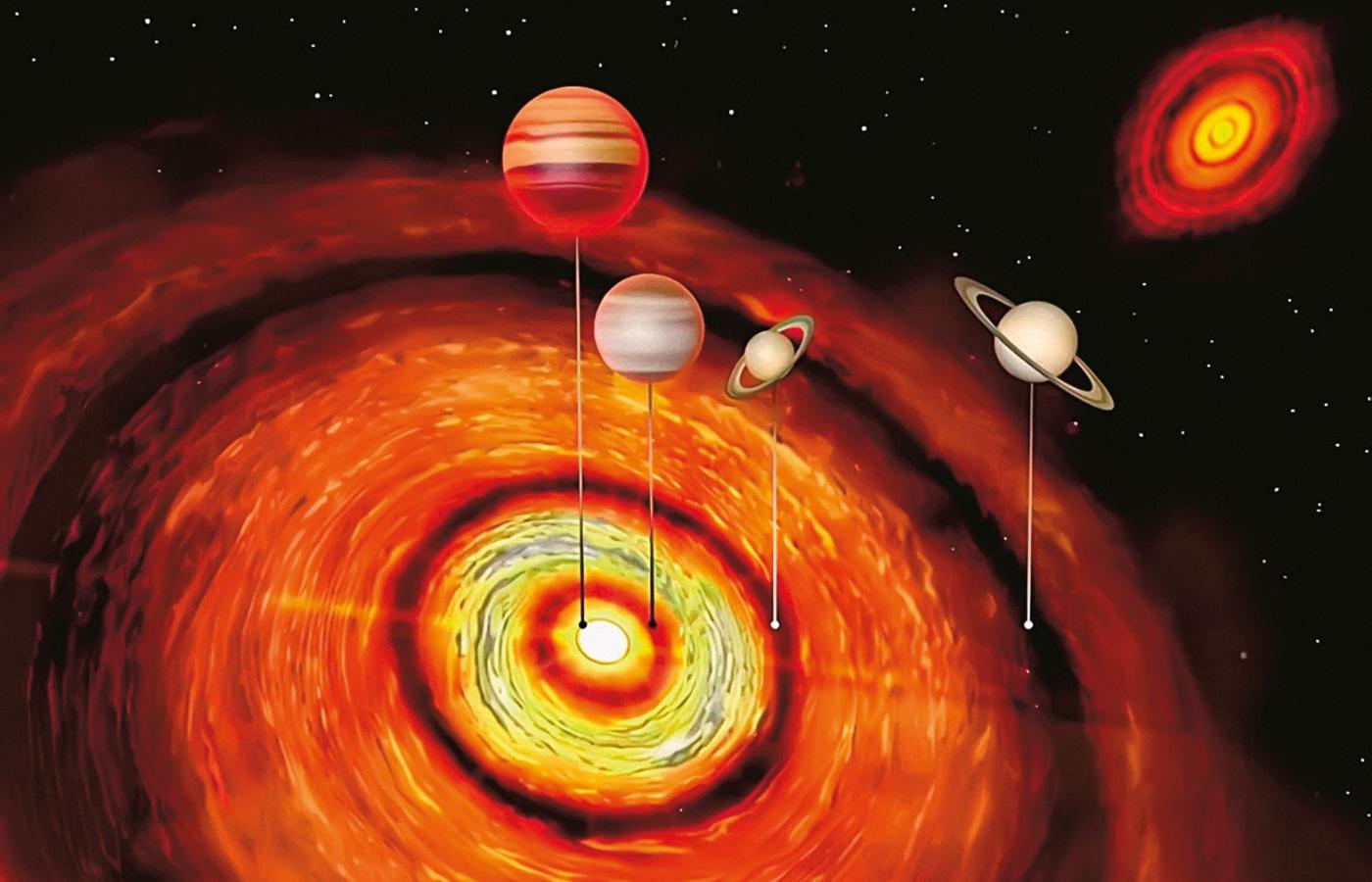 Protoplanetarny dysk wokół gwiazdy CI Tauri i cztery krążące w nim planety (grafika komputerowa). Z prawej u góry rzeczywisty obraz dysku.