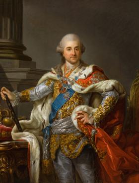 Stanisław August Poniatowski w strojukoronacyjnym, gładko ogolony i w peruce,portret pędzla Marcello Bacciarellego.