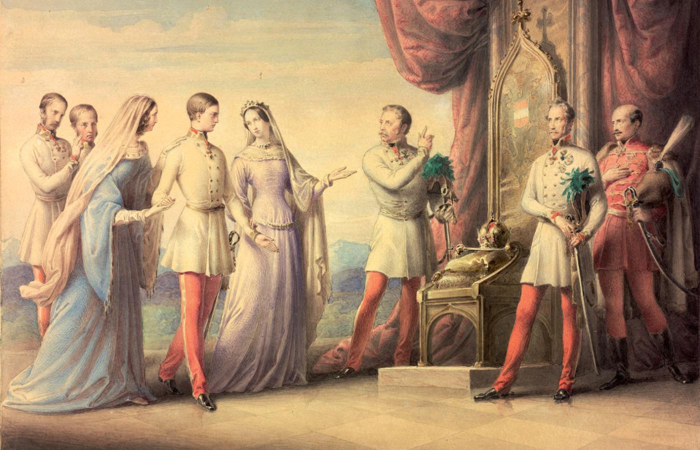 Nowy cesarz prowadzony do tronu przez Marię Annę, żonę abdykującego władcy, i matkę Zofię. Witają go Alfred Fürst, Joseph Radetzky i Josef Jelačić. Akwarela Leopolda Kupelwiesera, 1848 r.