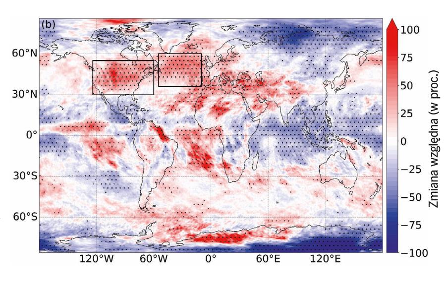 Zmiana częstotliwości turbulencji czystego nieba w latach 1979– 2020. Analizę wykonali w 2023 r. meteorolodzy z University of Reading.