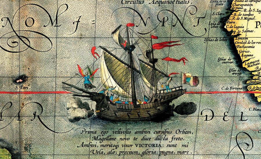 Statek „Victoria” – jedyny, który ocalał z ­wyprawy Magellana – przedstawiony na mapie flamandzkiego kartografa Orteliusa z 1590 r.