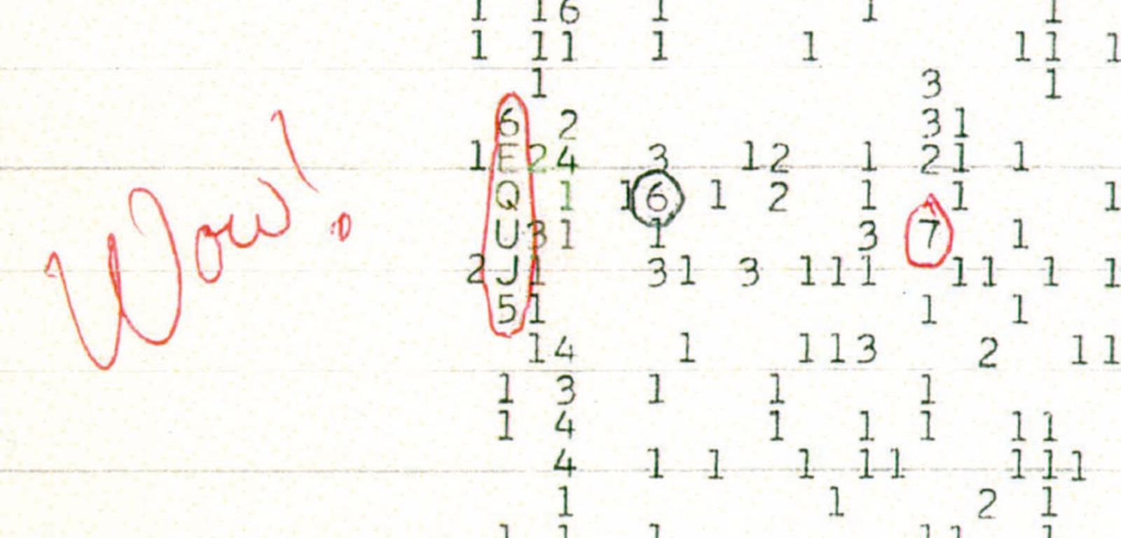 Fragment wydruku sygnału „Wow!” z sekwencją „6EQUJ5” i notatką odkrywcy.