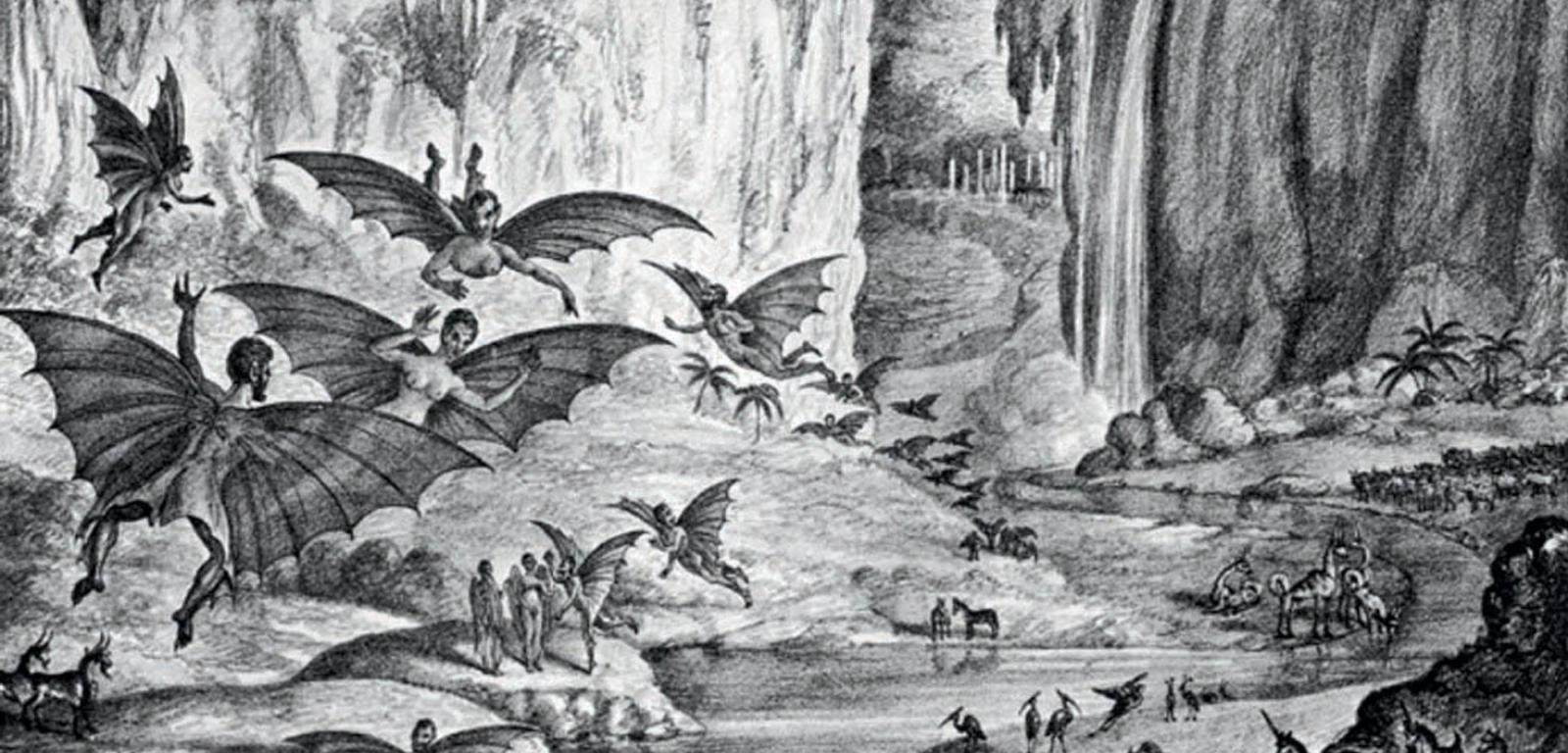 Księżycowe zwierzęta i inne rzeczy odkryte przez sir Johna Herschela z obserwatorium na Przylądku Dobrej Nadziei, skopiowane z rysunków zamieszczonych w „Edinburgh Journal of Science” (1835).