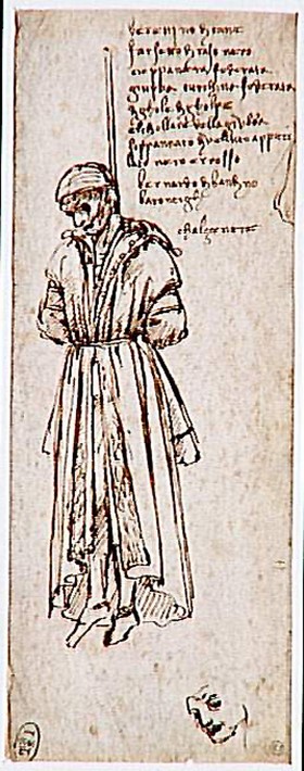 Bernardo Bandini, morderca Giuliama, powieszony w oknie pałacu florenckiej Signorii. Autorem szkicu jest Leonardo da Vinci