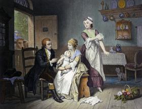 Edward Jenner, odkrywca szczepionki przeciwko ospie, podaje dawkę ochronną swojemu dziecku i służącej, rycina z epoki.