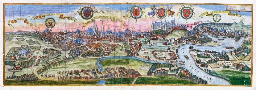 Panorama Krakowa (fragment), w dolnej części widać orszak królewski w drodze do letniej siedziby w Łobzowie; ilustracja z „Civitates Orbis Terrarum”, 1618 r.