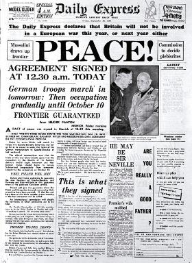 Pierwsza strona „Daily Express” z 30 września 1938 r. z tytułem „Pokój”.