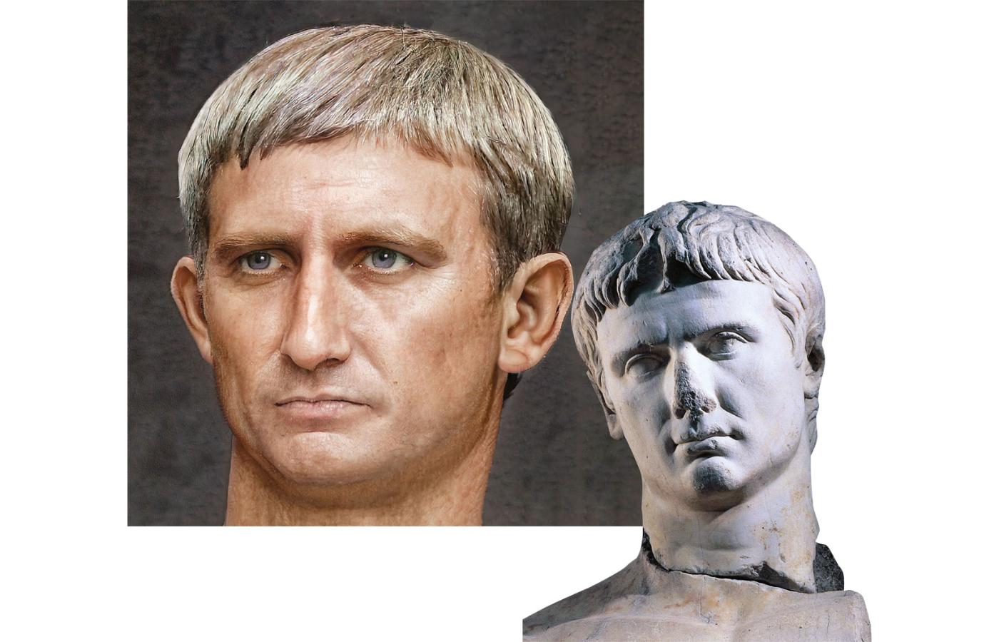Fotograficzne podobizny cesarzy rzymskich stworzone przez Daniela Vosharta i ich podstawa – rzeźbiarskie przedstawienia z epoki. Na ilustracji August.