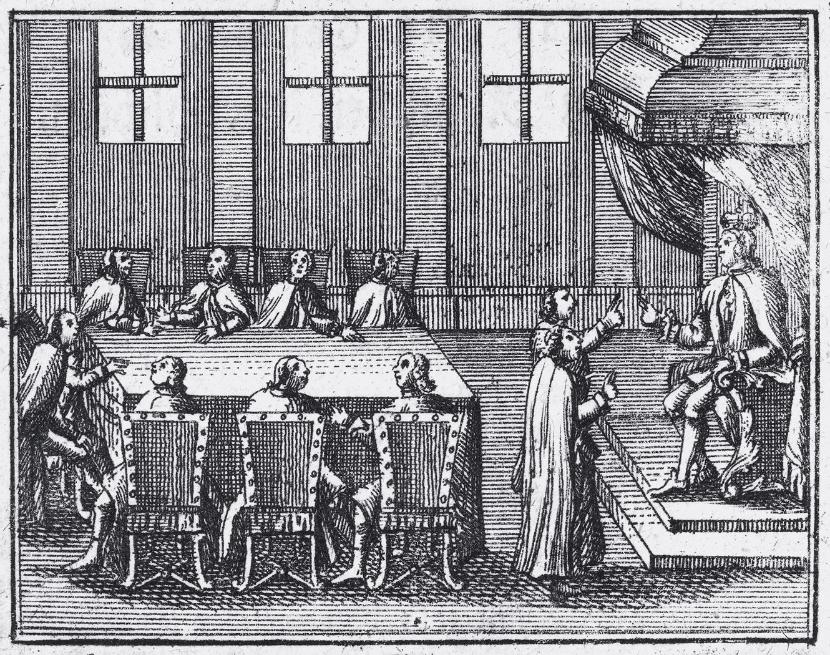 Posiedzenie Rady Nieustającej pod przewodnictwem króla; miedzioryt z epoki.