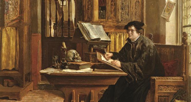 Marcin Luter  (1483–1546 r.) tłumaczy Biblię na zamku w Wartburgu (1521 r.), obraz Eugène’a Siberdta z 1898 r.