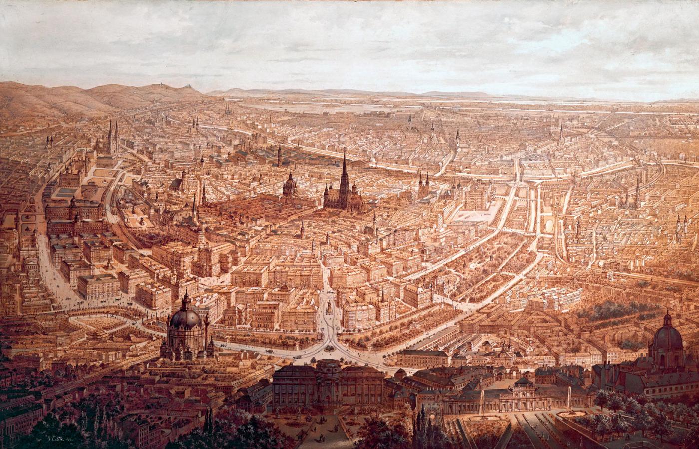 Panorama Wiednia z 1873 r. Widać szeroką aleję Ringstraße obiegającą historyczne centrum.