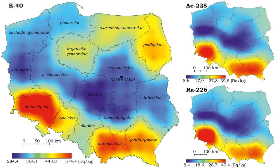 Rozkład wybranych izotopów promieniotwórczych w glebach Polski na podstawie danych PAA z poprzedniego roku.