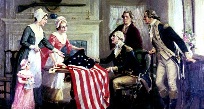 Bettsy Ross i George Washington z pierwowzorem amerykańskiej flagi (1776 r.)