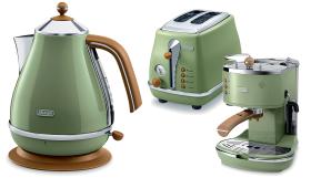 Akcesoria kuchenne DeLonghi linia Icona Vintage. Moda na retro w wyposażaniu wnętrz nie przemija. Klimat słodkich lat 50. i włoskie dolce vita to zapewne to, co zawsze dobrze wygląda w kuchni. Ceny: ekspres – 999 zł, czajnik – 429 zł, toster – 399 zł.