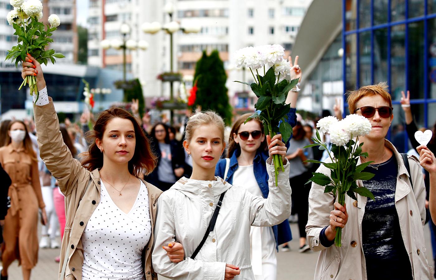 Protest przeciw przemocy na Białorusi. Mińsk, 12 sierpnia 2020 r.