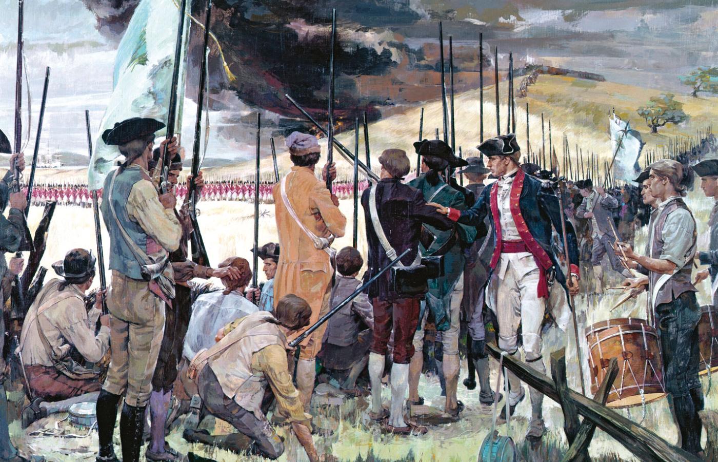 Bitwa pod Bunker Hill, 17 czerwca 1775 r., jedna z pierwszych potyczek w wojnie o niepodległość: pospolite ruszenie kolonistów, w tle armia brytyjska; „Nie strzelaj, dopóki nie zobaczysz białek ich oczu”, obraz Kena Rileya z poł. XX w.