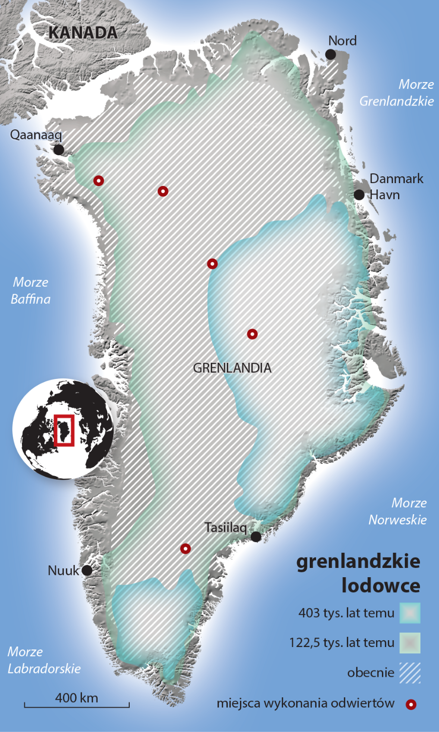 Obszary zajmowane przez grenlandzkie lodowce na przestrzeni lat.