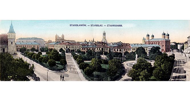 Przedwojenna panorama Stanisławowa, w prawym rogu synagoga