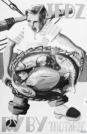 Pojawiły się ogólnopolski kampanie dotyczące żywienia. Plakat reklamowy wg projektu K. Ostrowskiego propagujacy spożywanie ryb morskich.