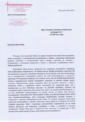 Treść listu podopiecznych Kamiliańskiej Misji Pomocy Społecznej (strona 1)