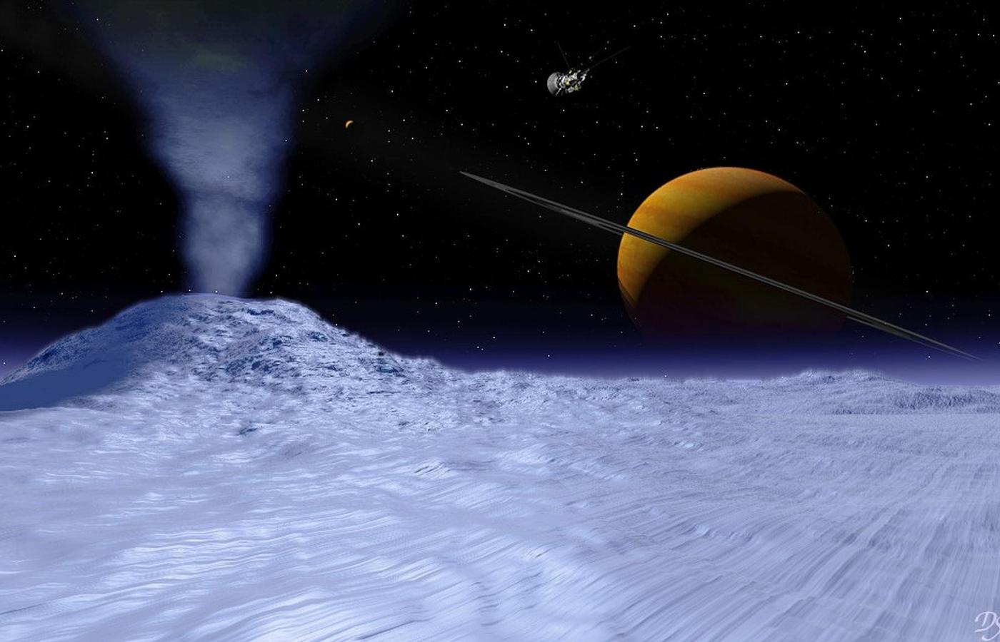Saturn widziany z powierzchni Enceladusa. Wizja artystyczna.