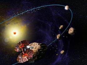 Wizualizacja sondy Lucy, której celem jest zbadanie asteroid zwanych Trojanami, okrążających Słońce po tej samej orbicie, co Jowisz (u góry po prawej).