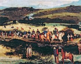 Simón Bolívar i Francisco de Paula Santander odzyskują Bogotę po bitwie pod Boyacą w 1819 r.; obraz Francisca de Pauli Alvareza, XIX w.